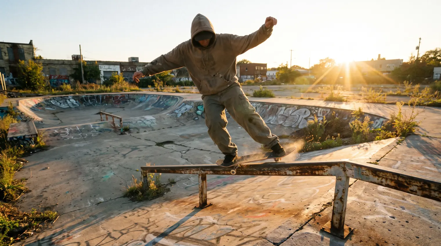 Skater performing a boardslide across a rail with the board perpendicular to the obstacle