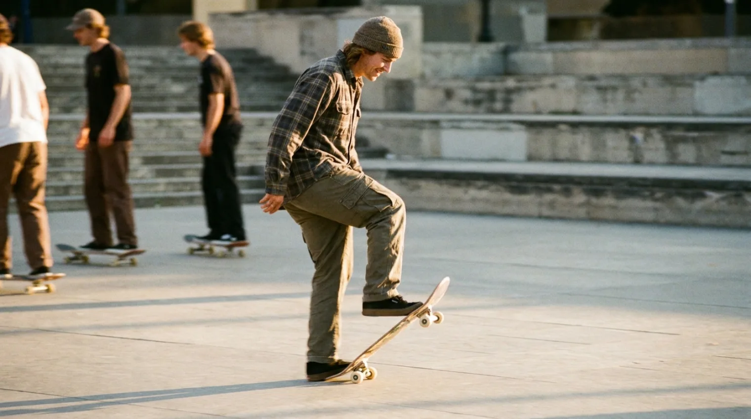 Skateboarder's board and worn shoes laid out next to a notebook, representing a personalized trick bag planned from the Onbolts skill tree