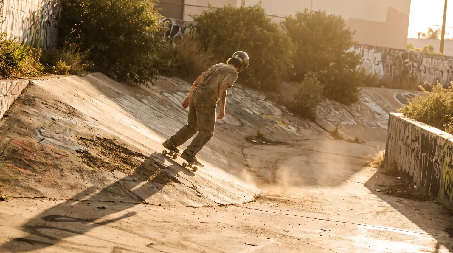 Skateboarder riding fakie, facing backward down the board with feet in normal stance position