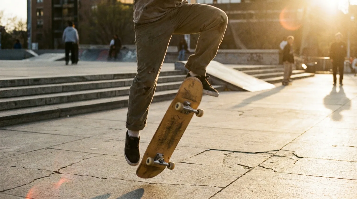 Skater in the air mid-hardflip, board flipping and rotating above a flat ground spot