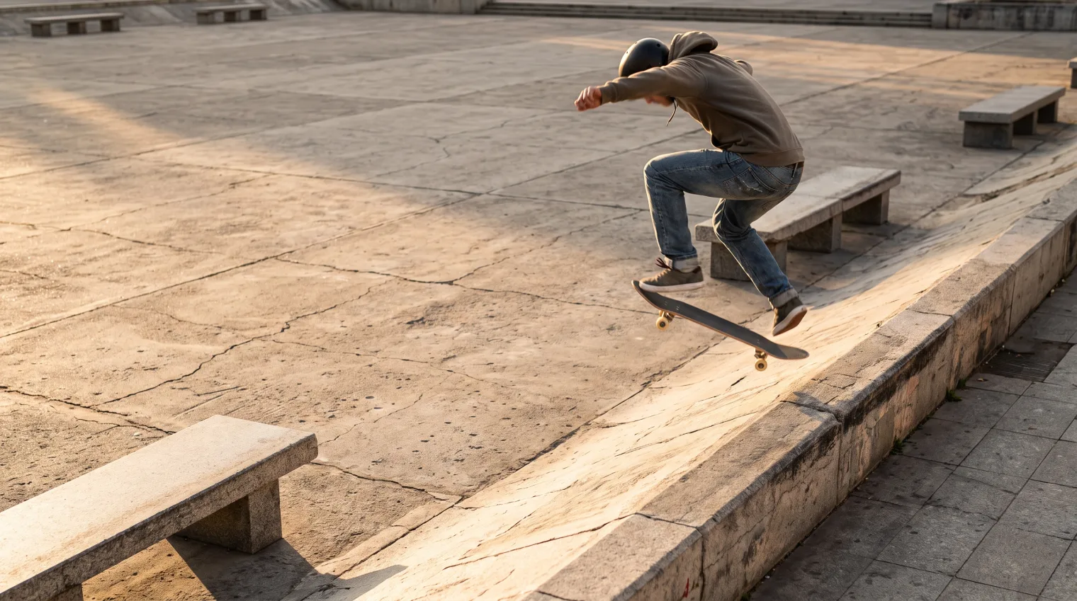 An intermediate skateboarder linking a varial kickflip attempt at a skatepark