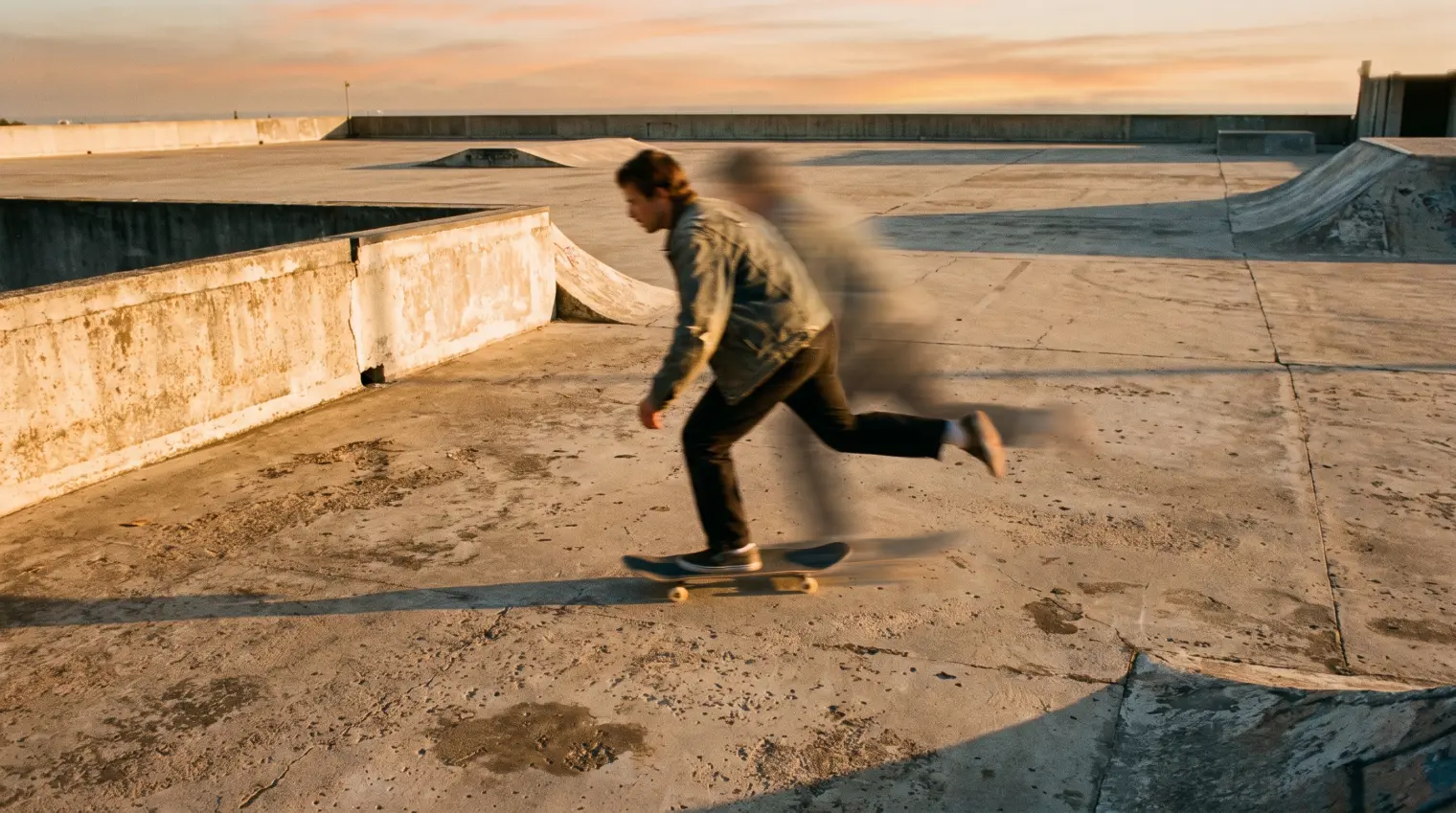 Split image showing a skateboarder practicing a trick stationary on the left and rolling on the right