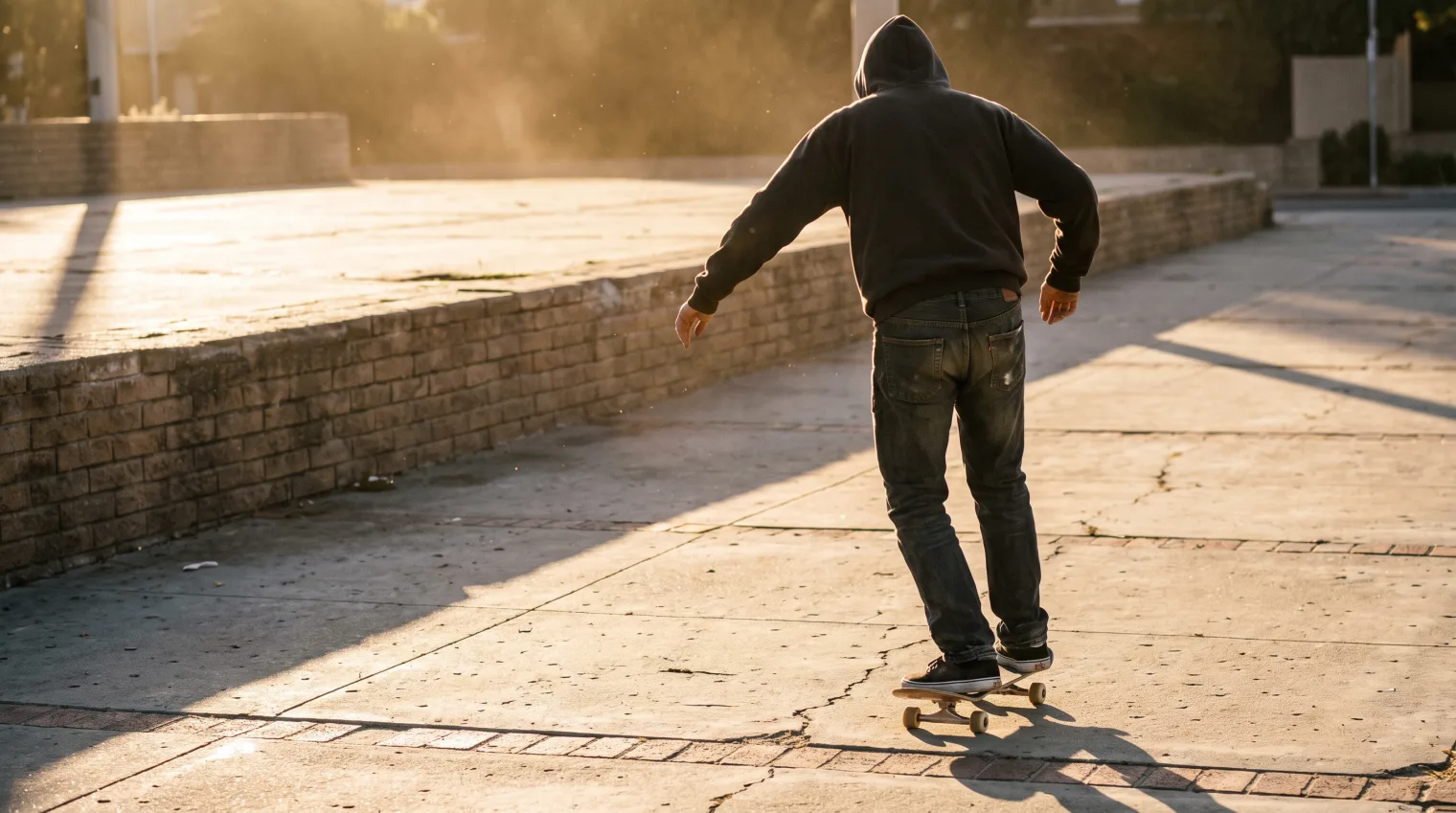 A skateboarder balancing on the back two wheels in a manual, arms out for balance