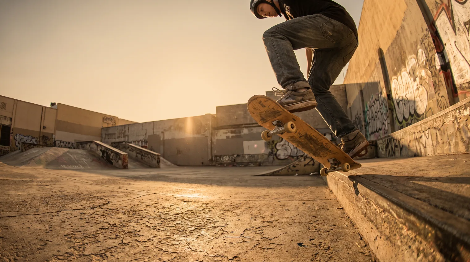 A skateboarder popping an ollie on flat ground, board level in the air