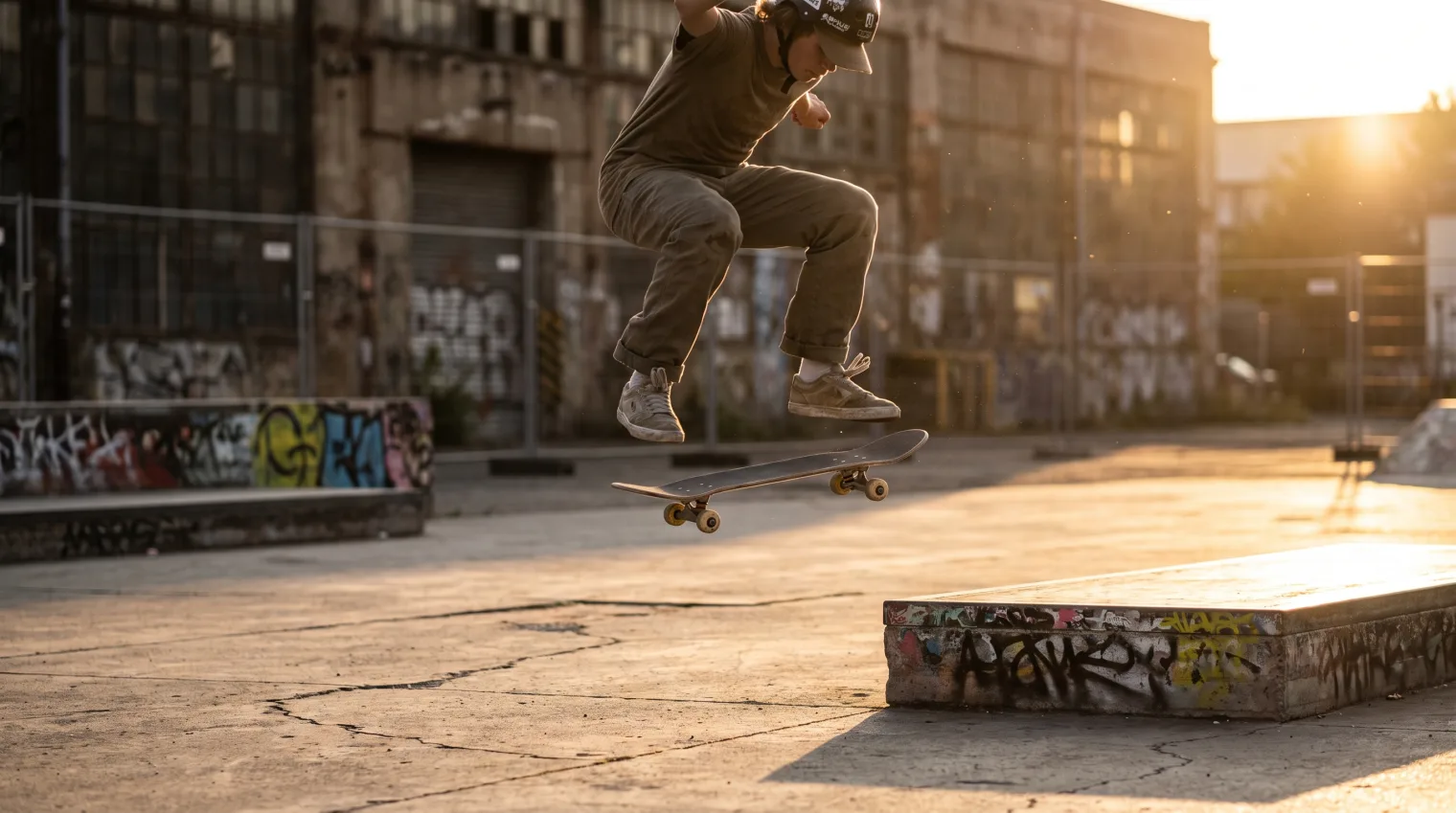A skateboarder practicing an ollie on flat pavement, mid-pop, illustrating the first trick in the beginner progression