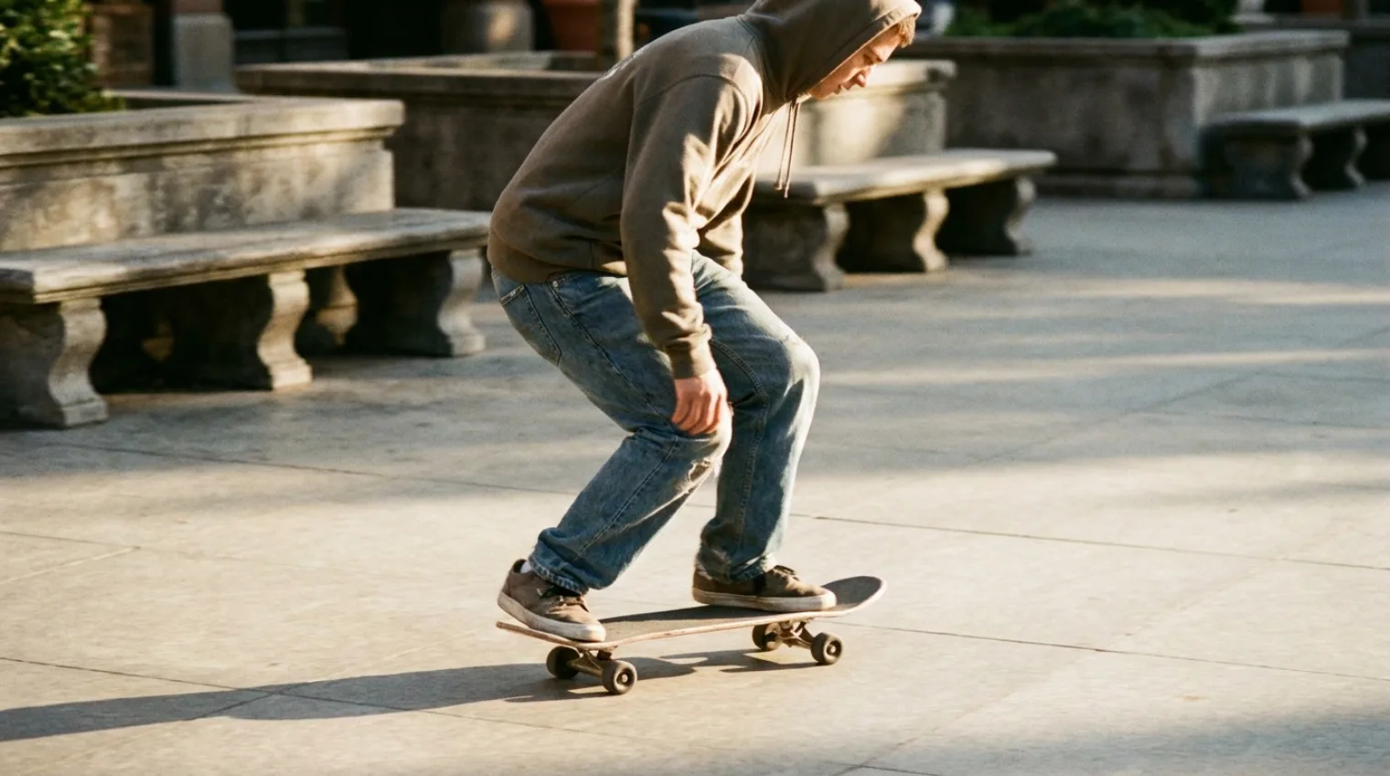 Skateboarder riding in switch stance, opposite foot forward from their natural stance